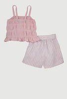 Girls Smocked Cami and Tie Waist Belted Striped Shorts,