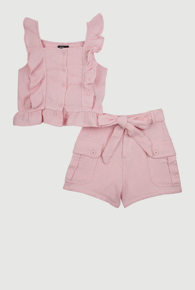 Girls Sleeveless Ruffle Button Front Top and Shorts, Pink, Size 10-12