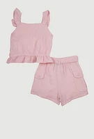 Girls Sleeveless Ruffle Button Front Top and Shorts, Pink, Size 10-12