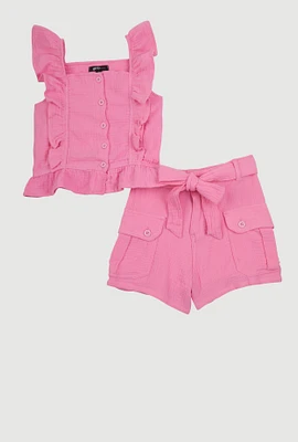 Girls Sleeveless Ruffle Button Front Top and Shorts, Pink, Size 7-8