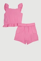 Girls Sleeveless Ruffle Button Front Top and Shorts, Pink, Size 7-8