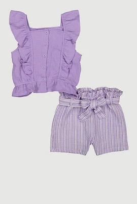 Girls Flutter Sleeve Top and Striped Shorts, Purple, Size 14-16