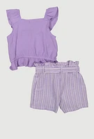 Girls Flutter Sleeve Top and Striped Shorts, Purple, Size 14-16