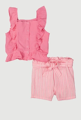 Girls Flutter Sleeve Top and Striped Shorts, Pink, Size 10-12
