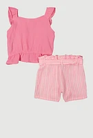 Girls Flutter Sleeve Top and Striped Shorts, Pink, Size 10-12
