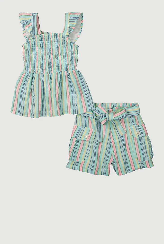 Girls Striped Smocked Peplum Top and Cargo Shorts,