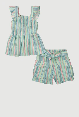 Girls Striped Smocked Peplum Top and Cargo Shorts,