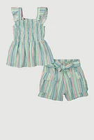Girls Striped Smocked Peplum Top and Cargo Shorts,
