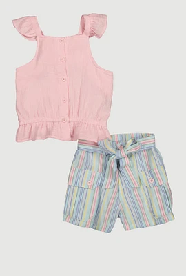 Girls Gauze Knit Sleeveless Top and Stripe Shorts, Pink, Size 7-8