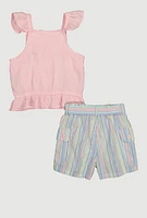 Girls Gauze Knit Sleeveless Top and Stripe Shorts, Pink, Size 7-8