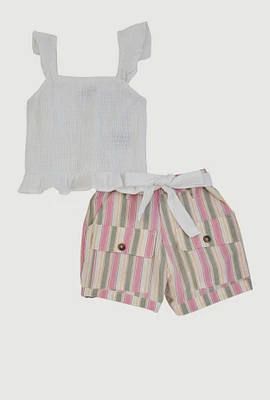 Girls Gauze Knit Smocked Top and Striped Shorts, Multi,