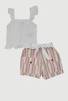 Girls Gauze Knit Smocked Top and Striped Shorts, Multi,