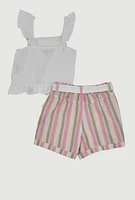 Girls Gauze Knit Smocked Top and Striped Shorts, Multi,