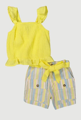 Girls Gauze Knit Smocked Top and Striped Shorts, Yellow, Size 7-8