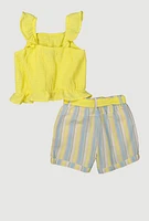 Girls Gauze Knit Smocked Top and Striped Shorts, Yellow, Size 7-8