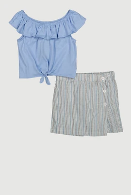 Girls Ruffle Overlay Tie Front Top and Stripe Skort,