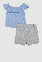 Girls Ruffle Overlay Tie Front Top and Stripe Skort,