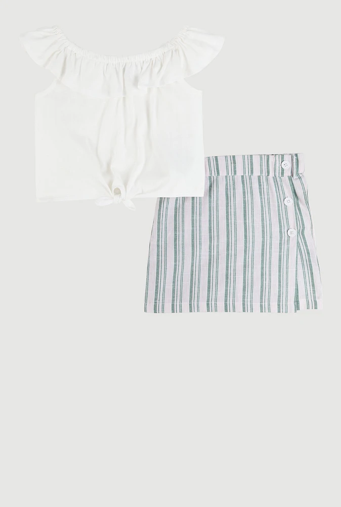 Girls Ruffle Overlay Tie Front Top and Stripe Skort, Multi, Size 14-16