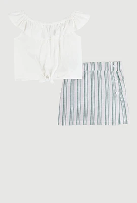Girls Ruffle Overlay Tie Front Top and Stripe Skort, Multi, Size 14-16