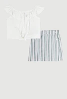Girls Ruffle Overlay Tie Front Top and Stripe Skort, Multi, Size 14-16