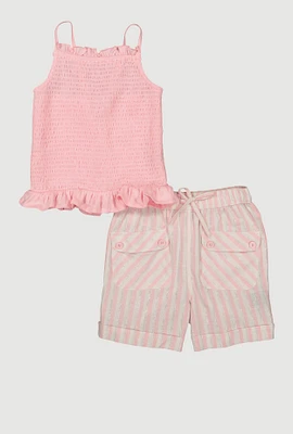 Girls Smocked Sleeveless Blouse and Lurex Striped Shorts, Pink, Size 7-8