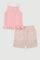 Girls Smocked Sleeveless Blouse and Lurex Striped Shorts, Pink, Size 7-8