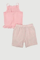 Girls Smocked Sleeveless Blouse and Lurex Striped Shorts, Pink, Size 7-8