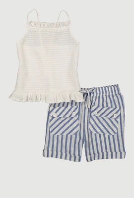 Girls Smocked Sleeveless Blouse and Lurex Striped Shorts, Blue, Size 14-16