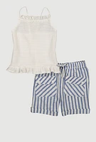 Girls Smocked Sleeveless Blouse and Lurex Striped Shorts, Blue, Size 14-16