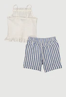 Girls Smocked Sleeveless Blouse and Lurex Striped Shorts, Blue, Size 14-16