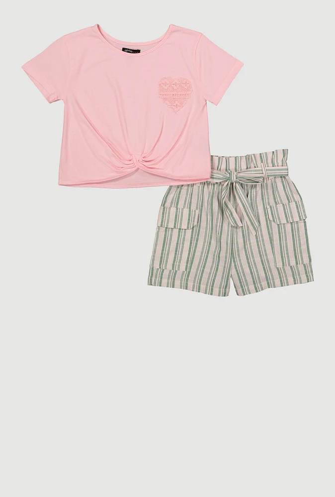 Girls Heart Knot Front Tee and Striped Cargo Shorts, Multi, Size 10-12