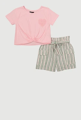 Girls Heart Knot Front Tee and Striped Cargo Shorts, Multi, Size 10-12