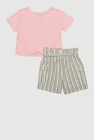 Girls Heart Knot Front Tee and Striped Cargo Shorts, Multi, Size 10-12