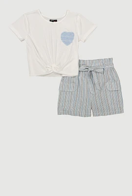 Girls Heart Knot Front Tee and Striped Cargo Shorts, Multi, Size 14-16