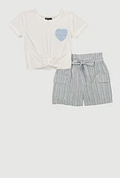 Girls Heart Knot Front Tee and Striped Cargo Shorts, Multi, Size 14-16