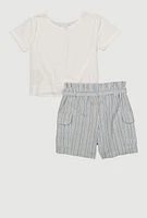 Girls Heart Knot Front Tee and Striped Cargo Shorts, Multi, Size 14-16