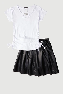 Girls Ribbed Knit Keyhole Tee and Faux Leather Pleated Skirt, Multi,