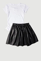 Girls Ribbed Knit Keyhole Tee and Faux Leather Pleated Skirt, Multi,