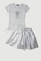 Girls Rhinestone Fringe Star Top and Faux Leather Skirt, White,