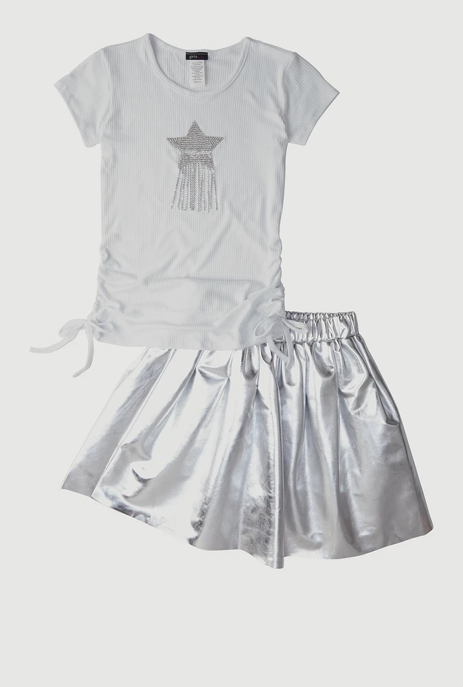 Girls Rhinestone Fringe Star Top and Faux Leather Skirt, White, Size 7-8