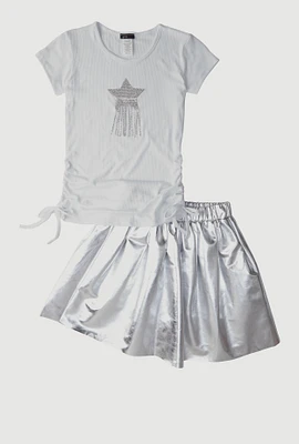 Girls Rhinestone Fringe Star Top and Faux Leather Skirt, White, Size 10-12