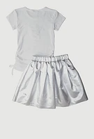 Girls Rhinestone Fringe Star Top and Faux Leather Skirt, White,