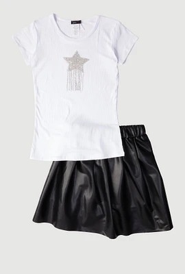 Girls Rhinestone Fringe Star Top and Faux Leather Skirt, Multi, Size 14-16