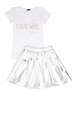 Girls Baby Girl Studded Tee and Metallic Pleated Skirt, Grey, Size 7-8