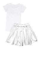 Girls Baby Girl Studded Tee and Metallic Pleated Skirt,