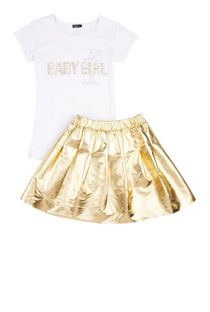 Girls Baby Girl Studded Tee and Metallic Pleated Skirt, Yellow, Size 10-12