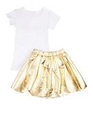 Girls Baby Girl Studded Tee and Metallic Pleated Skirt, Yellow, Size 10-12