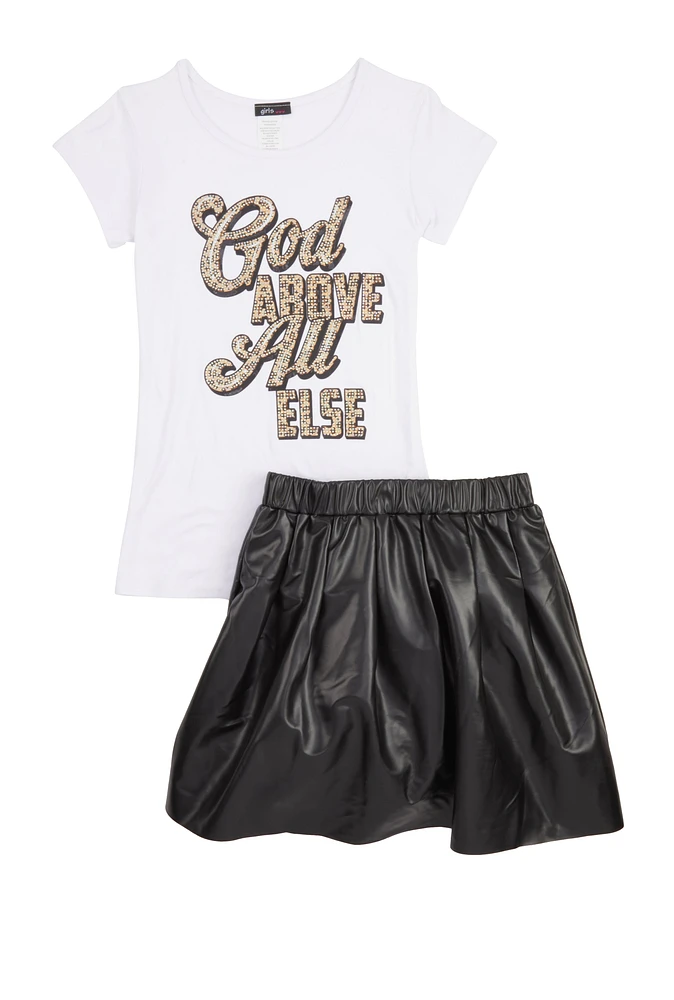 Girls God Above All Else Tee and Pleated Skirt, Black, Size 7-8