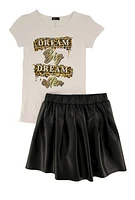 Girls Dream Graphic Print Top and Faux Leather Skort, Multi, Size 7-8