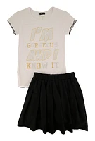 Girls Im Gorgeous And I Know It Tee and Pleated Skirt, Black, Size 14-16